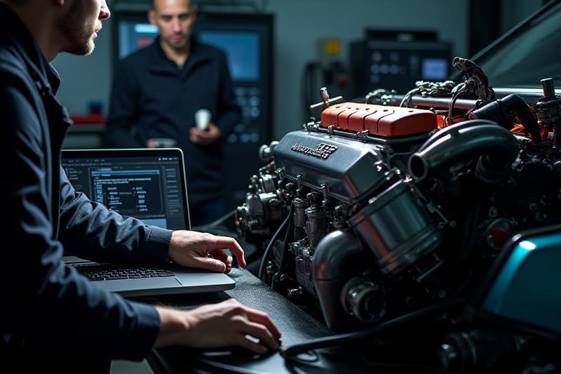 مهندس يضبط محرك سيارة عالية الأداء بواسطة جهاز كمبيوتر.