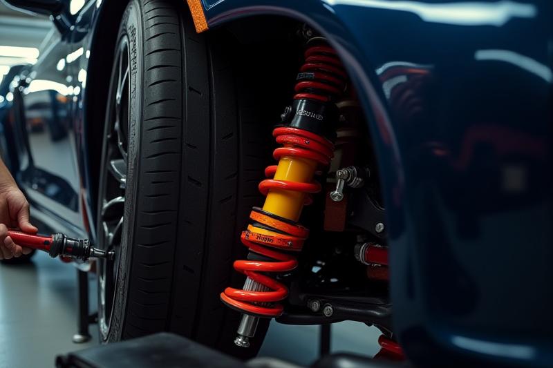 سيارة رياضية خاضعة للتعديل الفني لنظام التعليق في ورشة عمل.